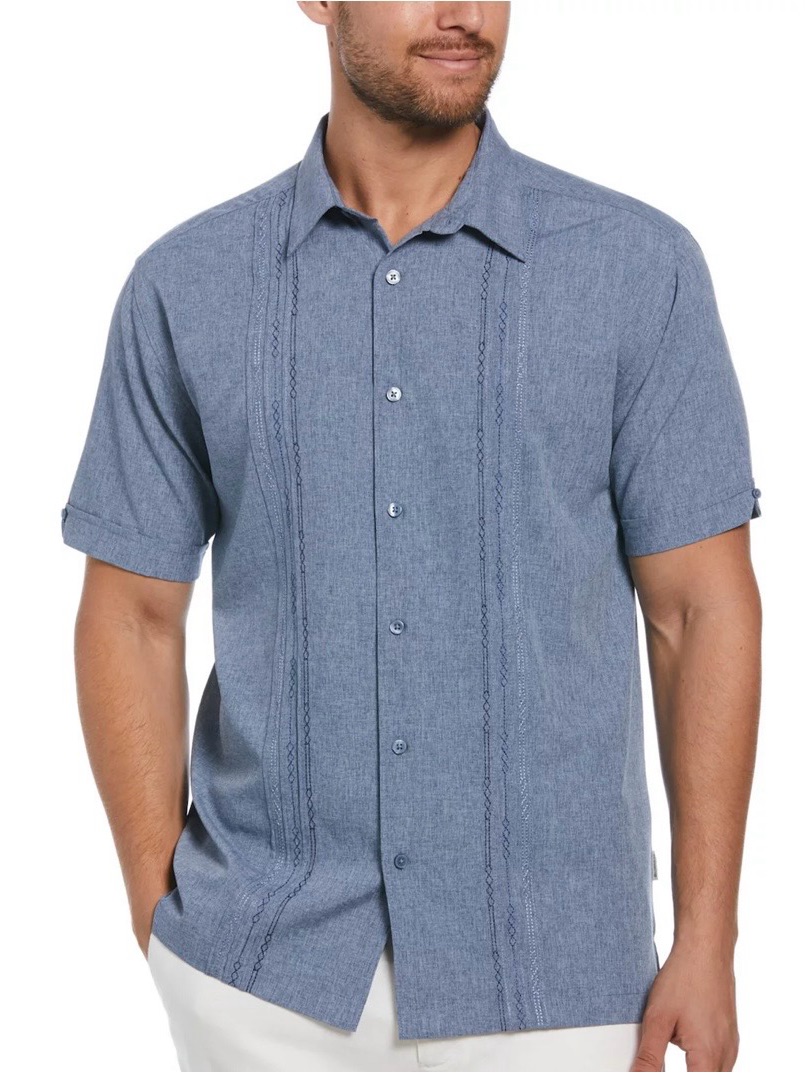 Cubavera Classic-Fit Embroidered Paneled Chambray Men's Button-Down Shirt Sz L